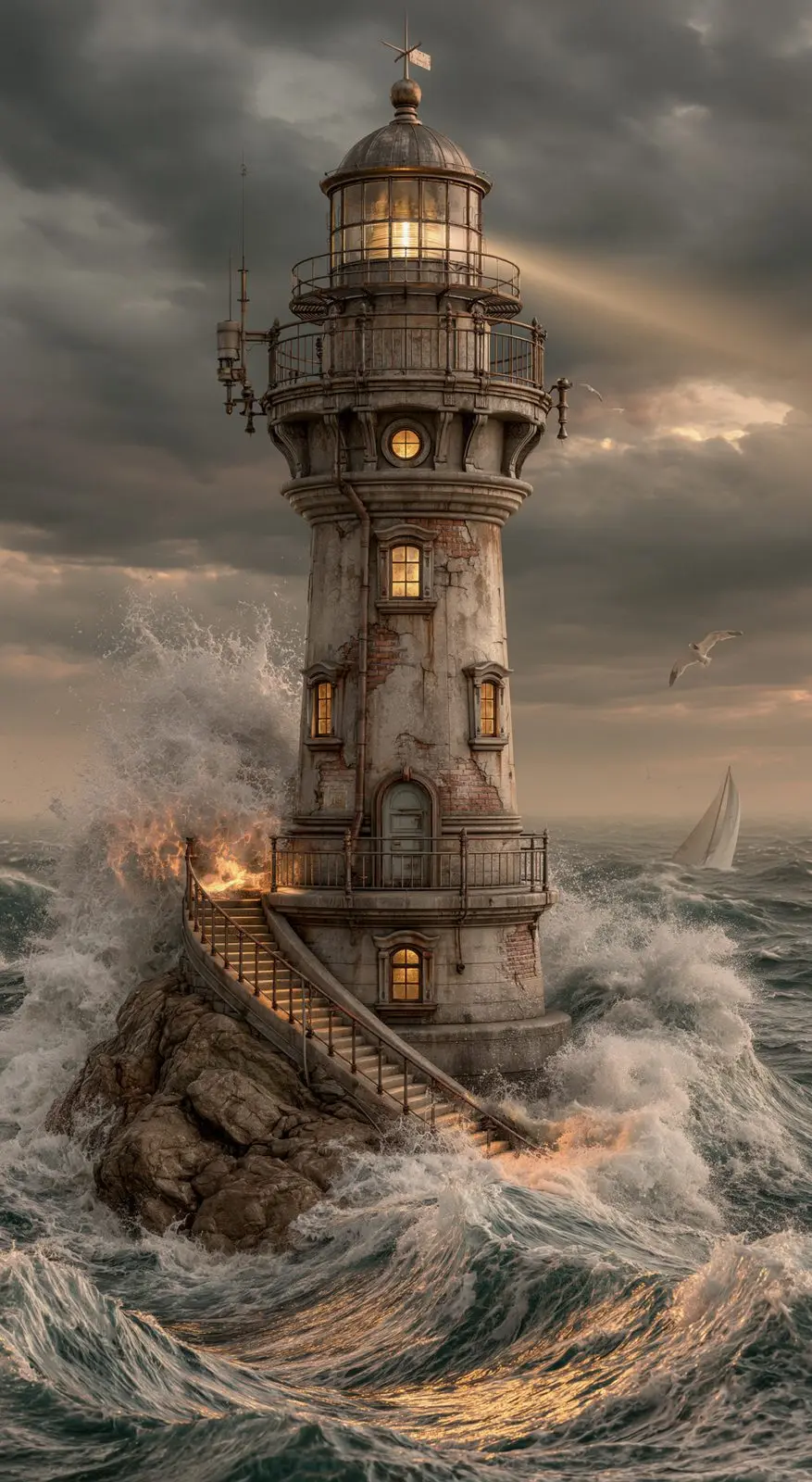A cracked tower, a stair into the spray, a lamp that will not go out.