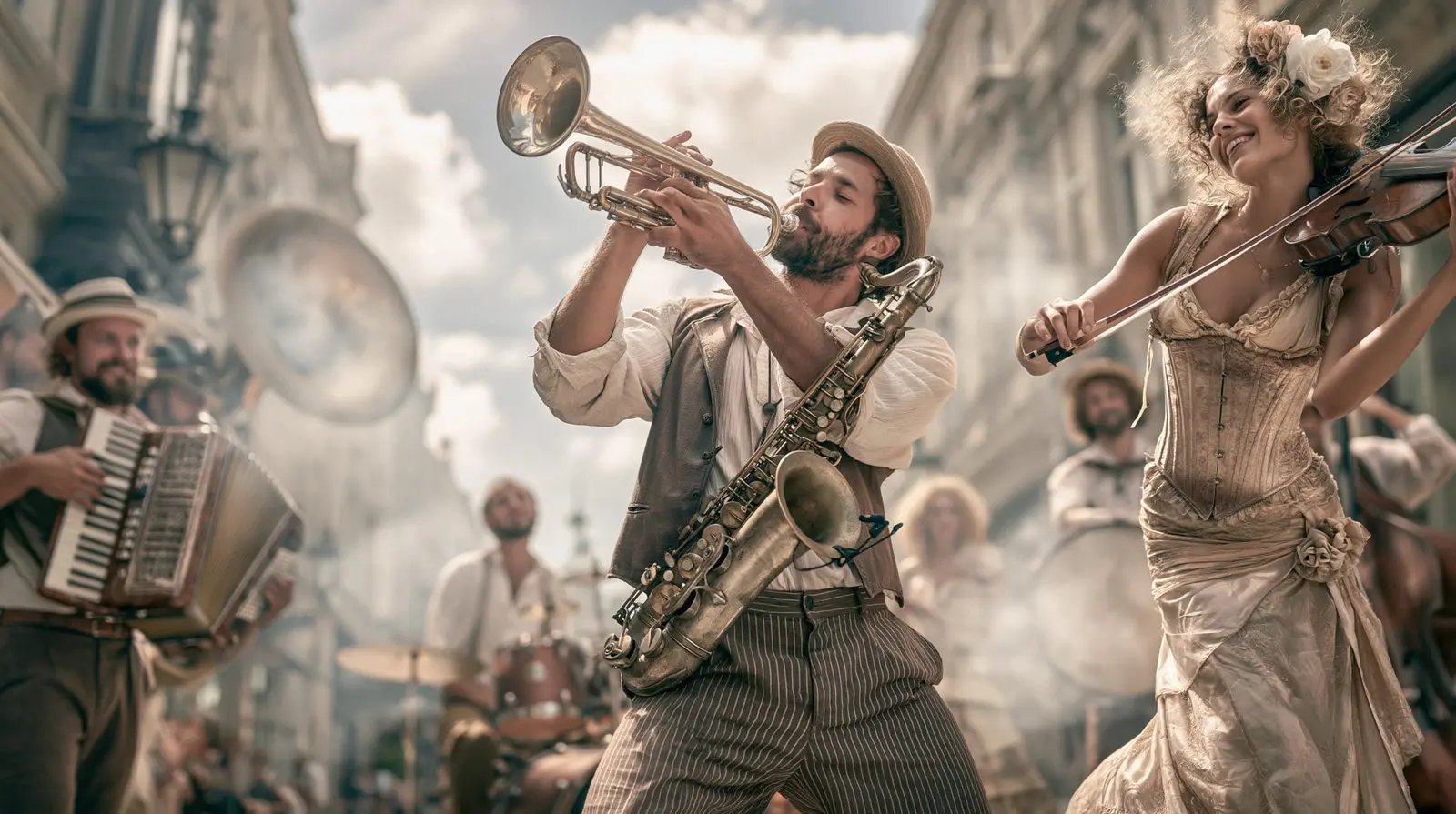 Trumpet, sax, a cream corset in the sun. Smoke and spit-valve gold.