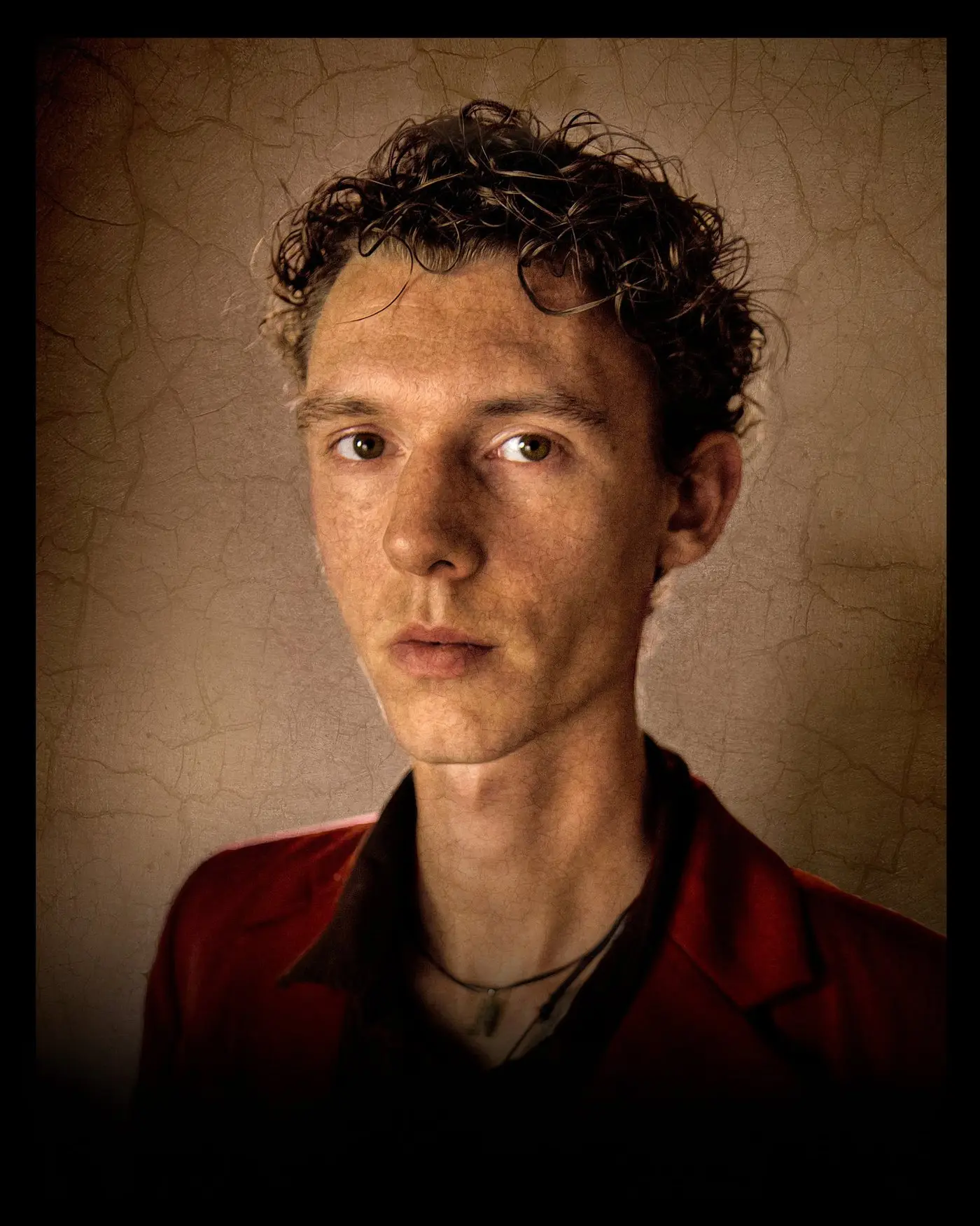 Lucas Casca, painted close portrait in a scarlet coat