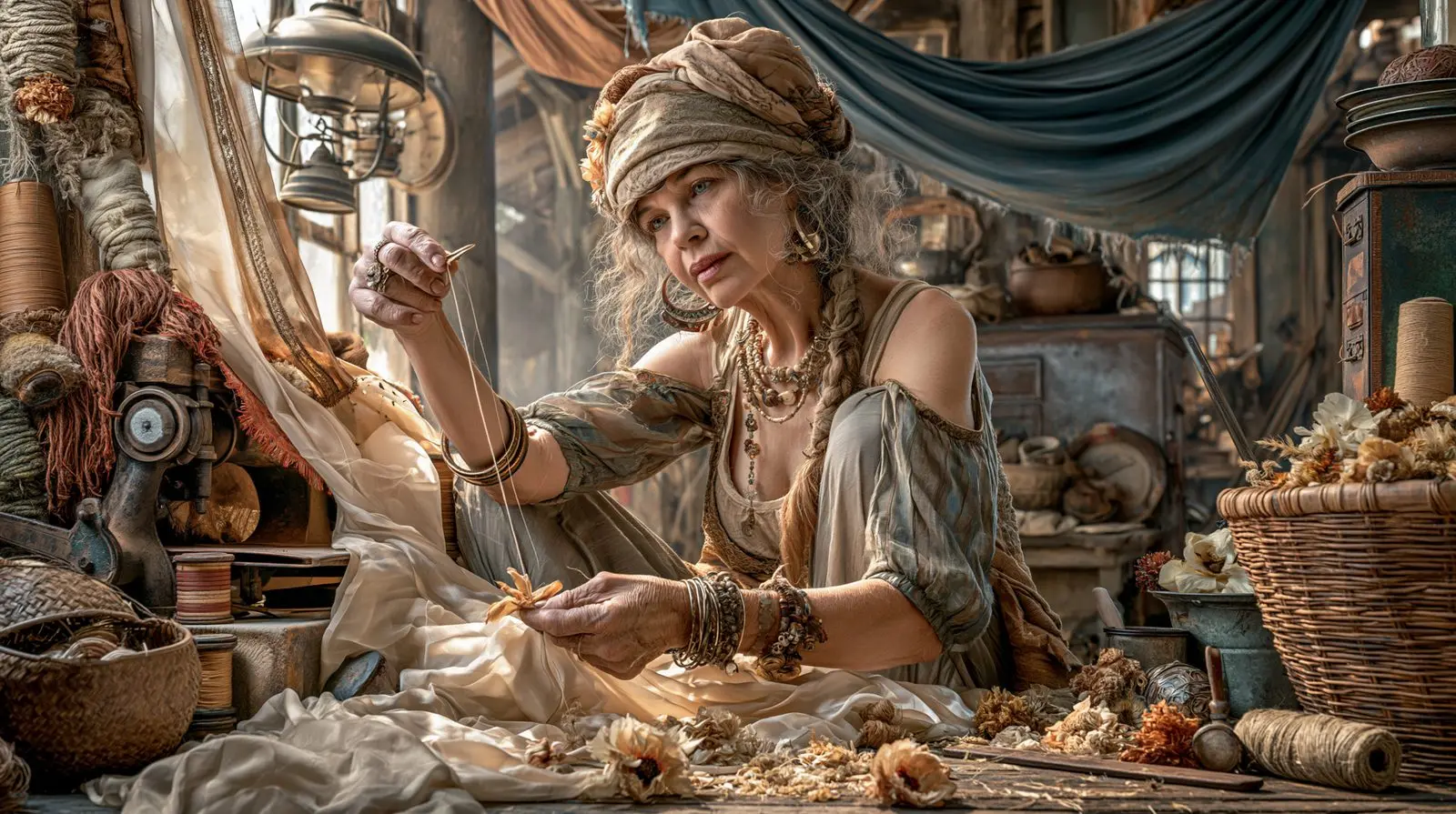 An old woman, a needle, dried roses becoming cloth again.