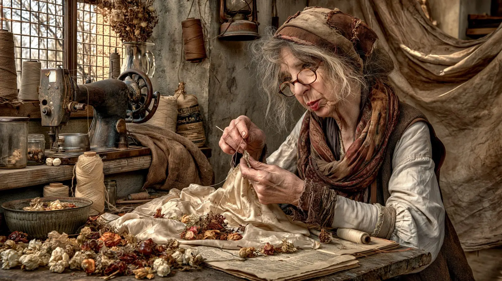 An old woman, a needle, dried roses becoming cloth again.