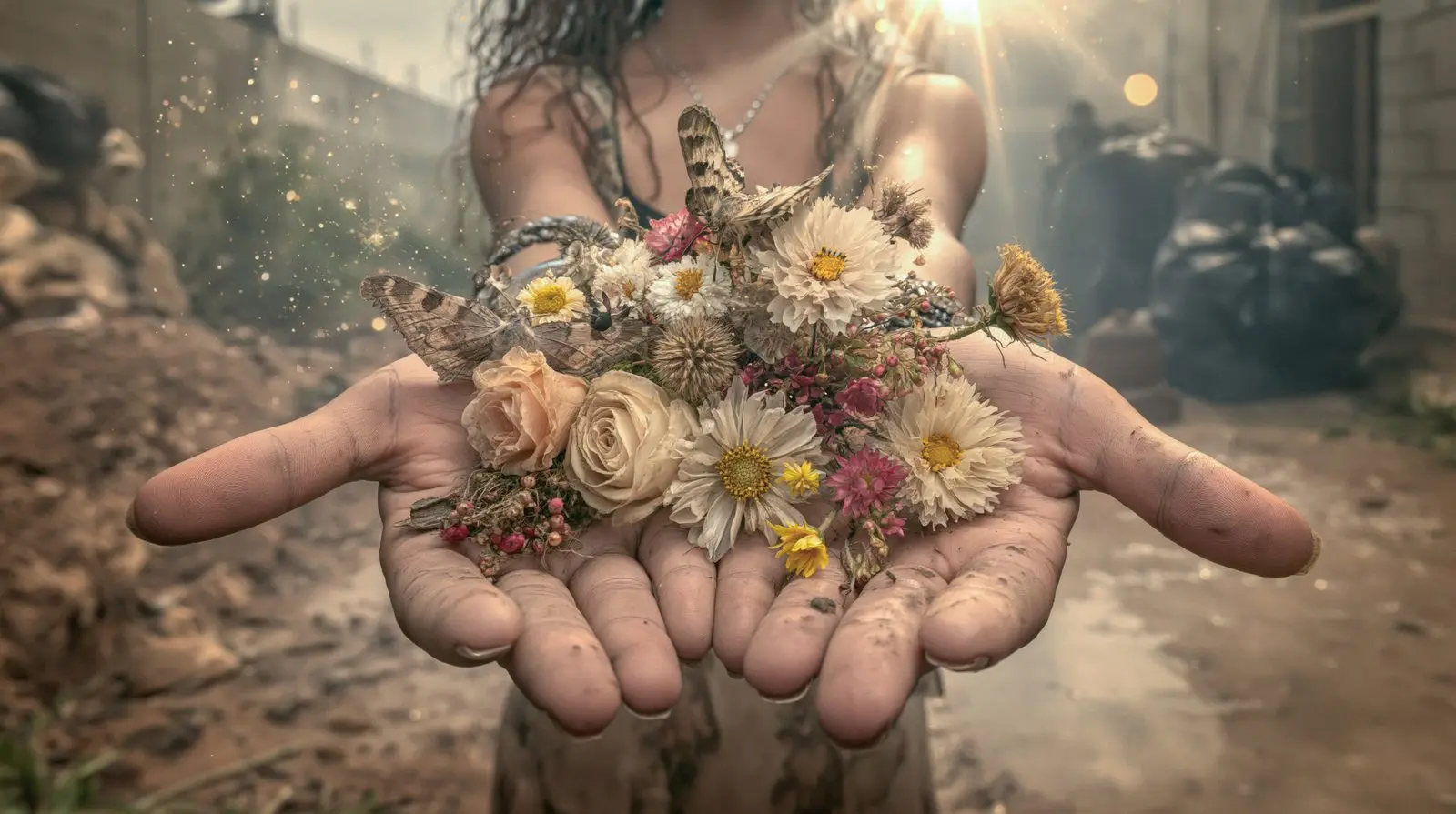 Mud on the palms, a small galaxy of petals. A gift with no wrapping.