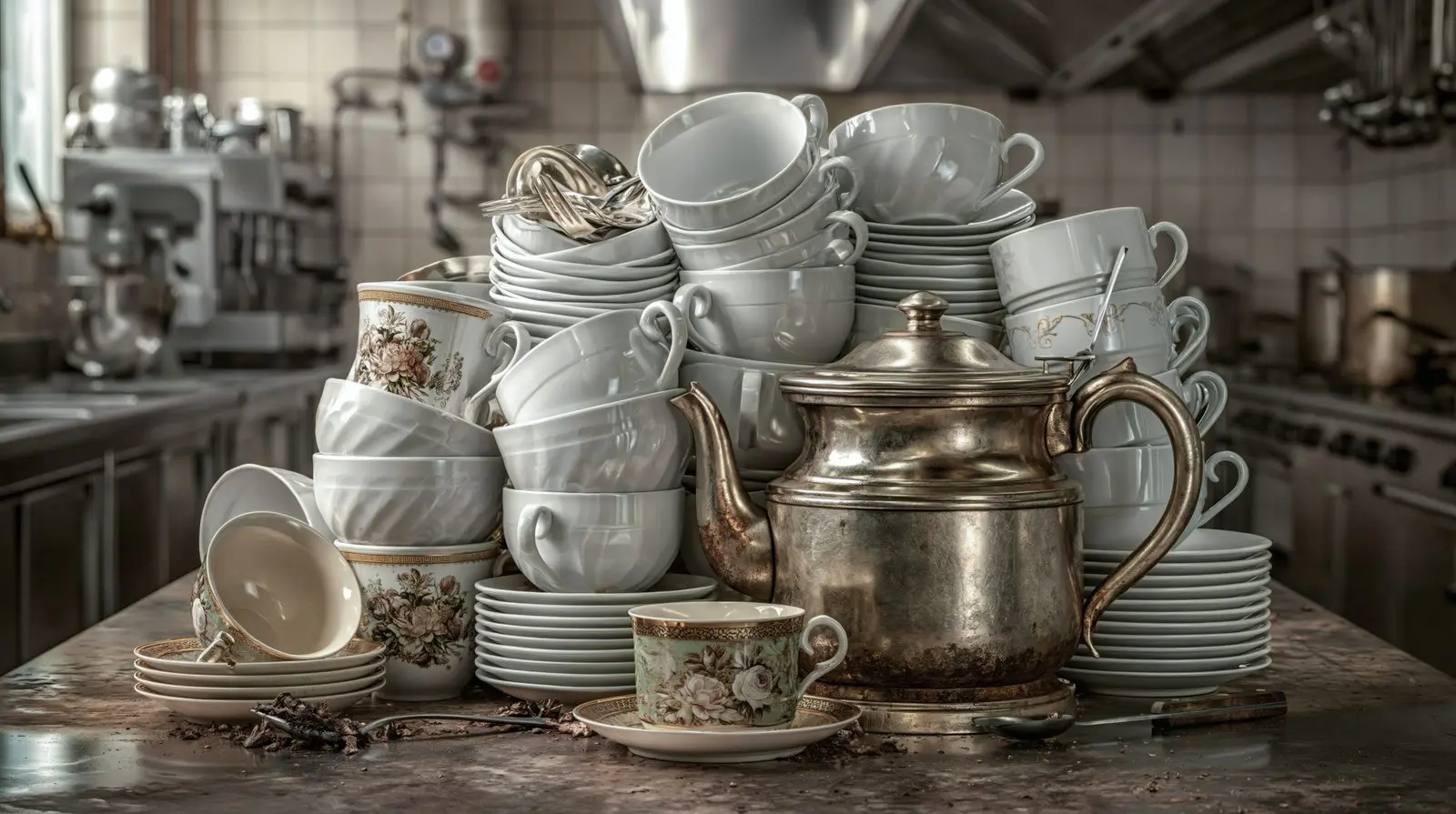 A mountain of cups. Hospitality as a second job.