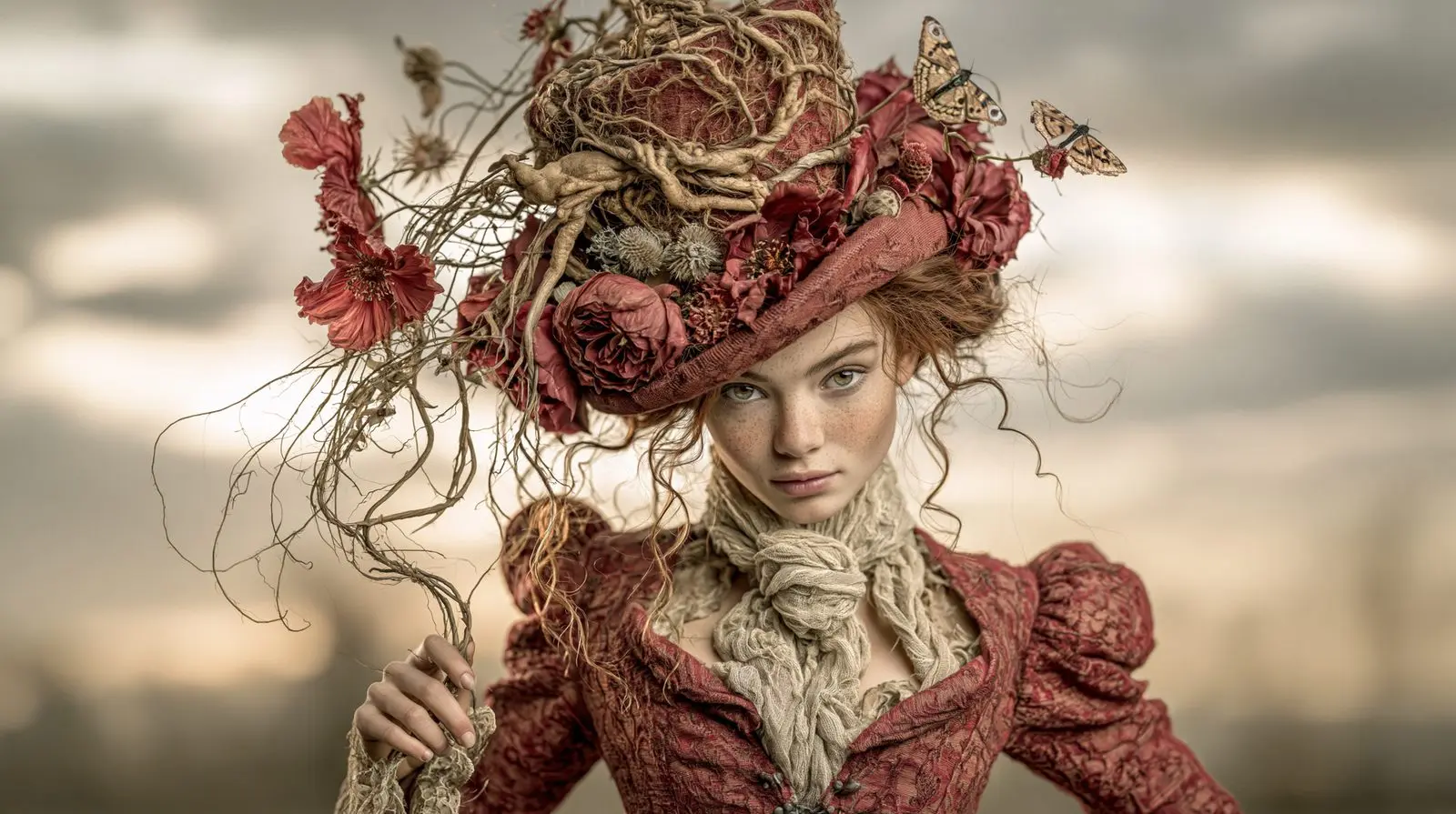 A hat that grew. Scarlet flowers where a milliner would have put silk.