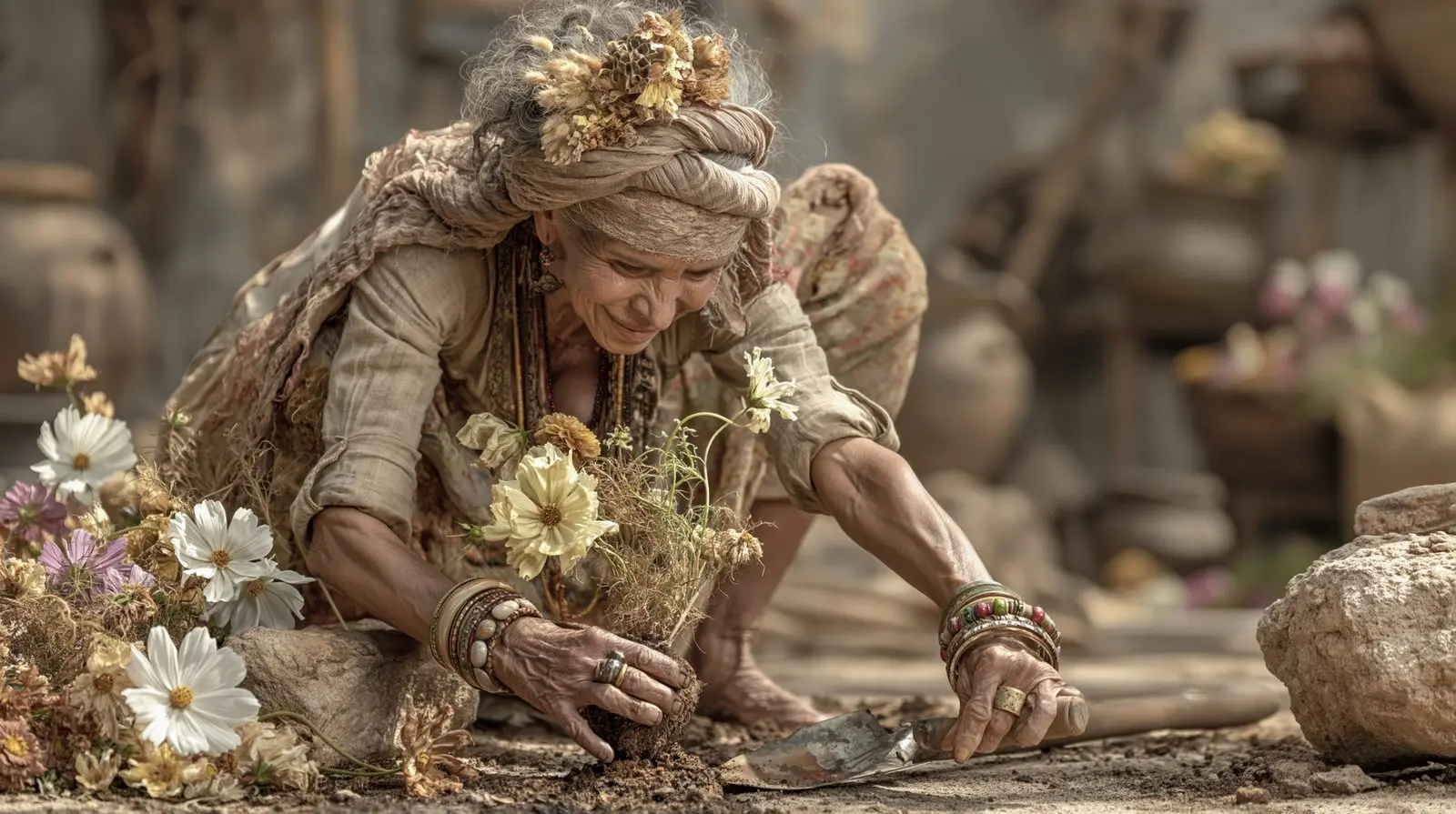 A woman putting colour back into the ground. The garden begins again.