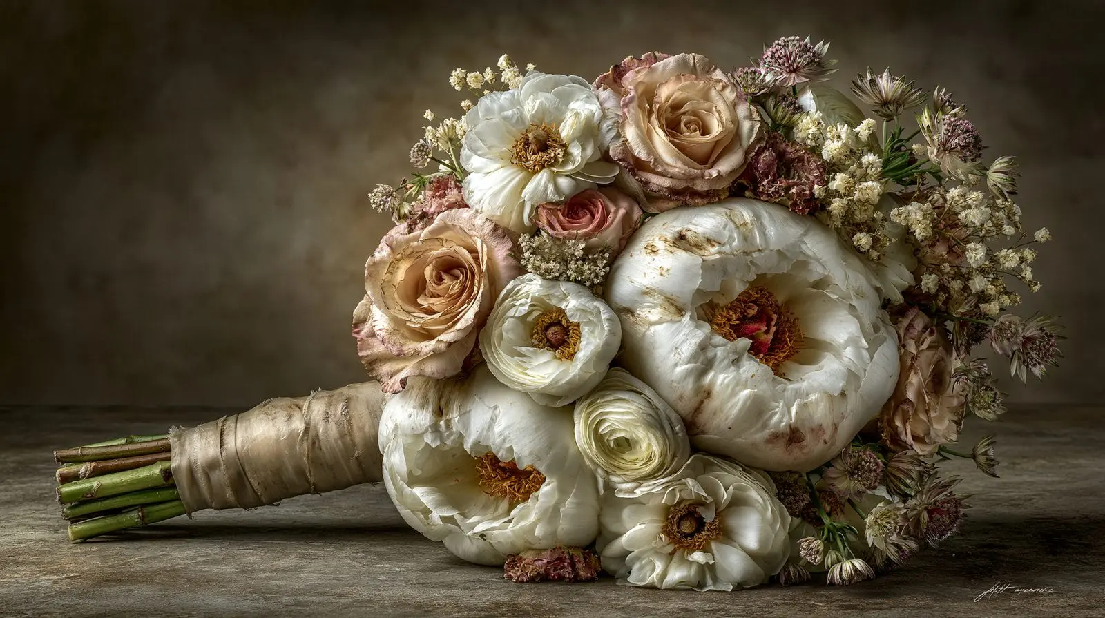 Peonies and roses past their first morning. Beauty that has already begun to remember.