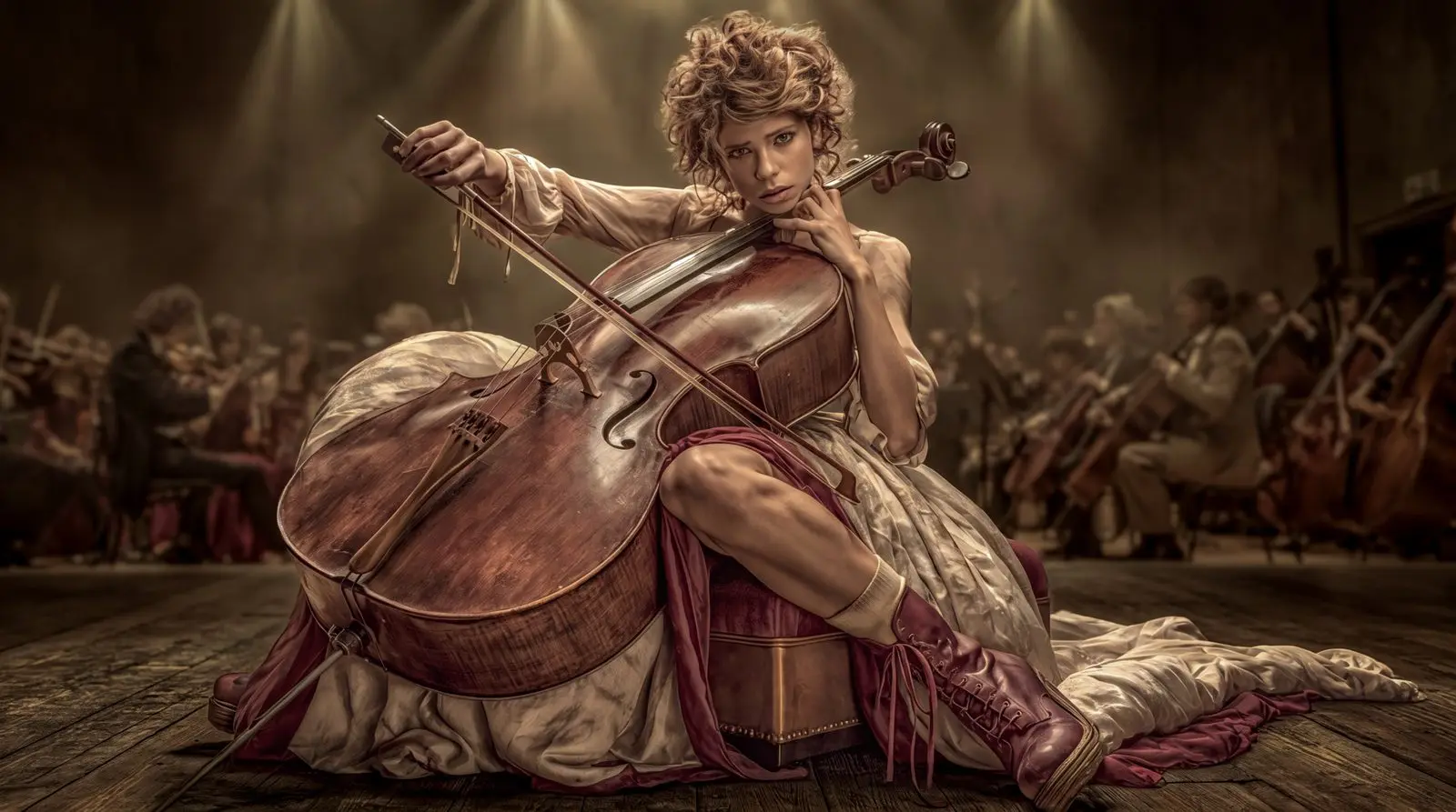 She sits the cello as if it were a second spine. Spotlights, burgundy boots, a vow to the wood.
