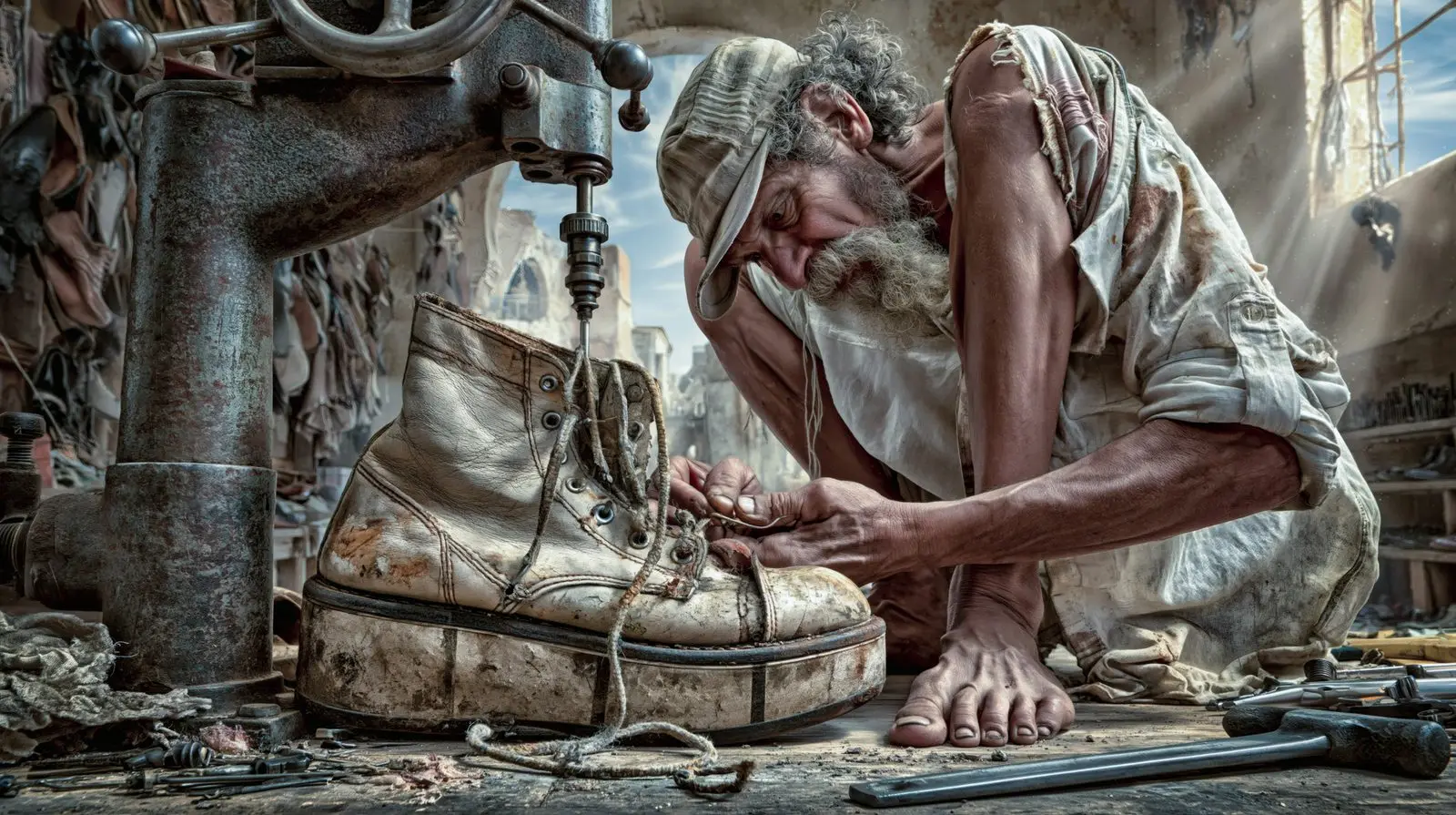 Needle, last, a boot that has already walked a century. He mends what the street wears out.