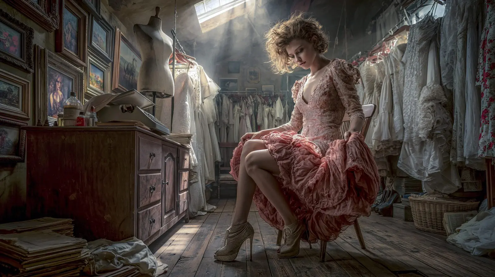 Attic light, racks of white, a pink froth of tulle. She is not shopping. She is becoming.
