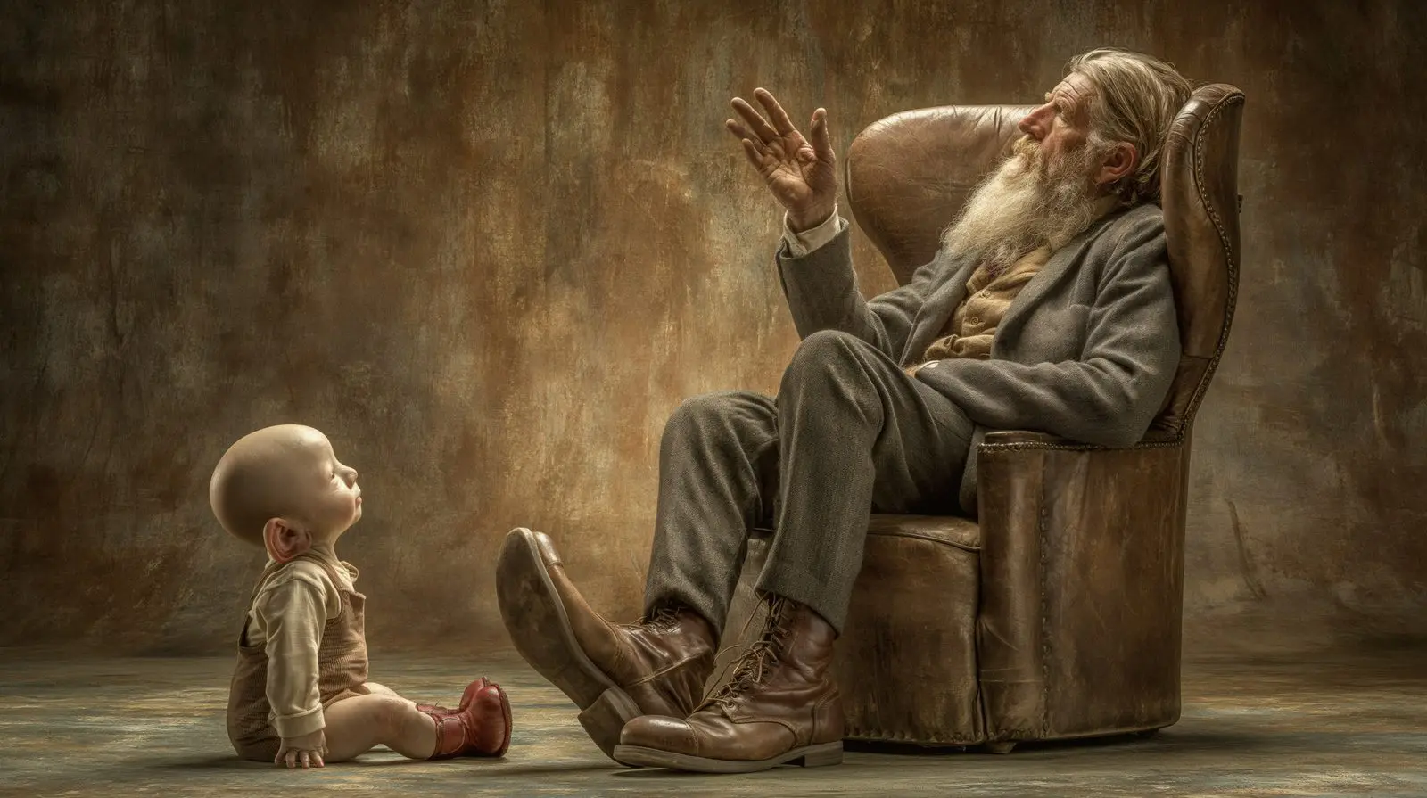 Leather chair, red boots, a child who has not learned to look away. Inheritance as a stare.