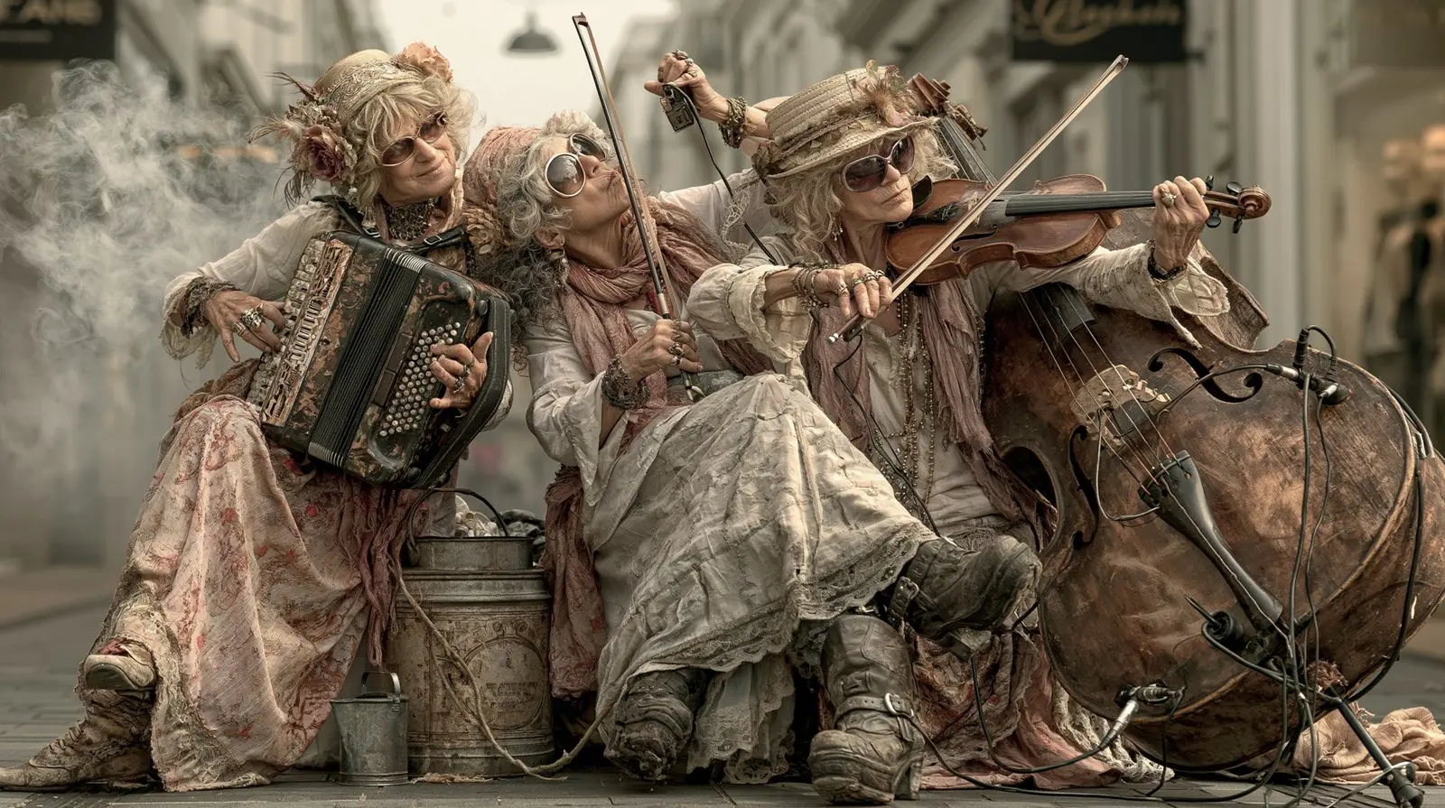 Accordion, fiddle, a cello the size of a life. They play as if the pavement were a stage.