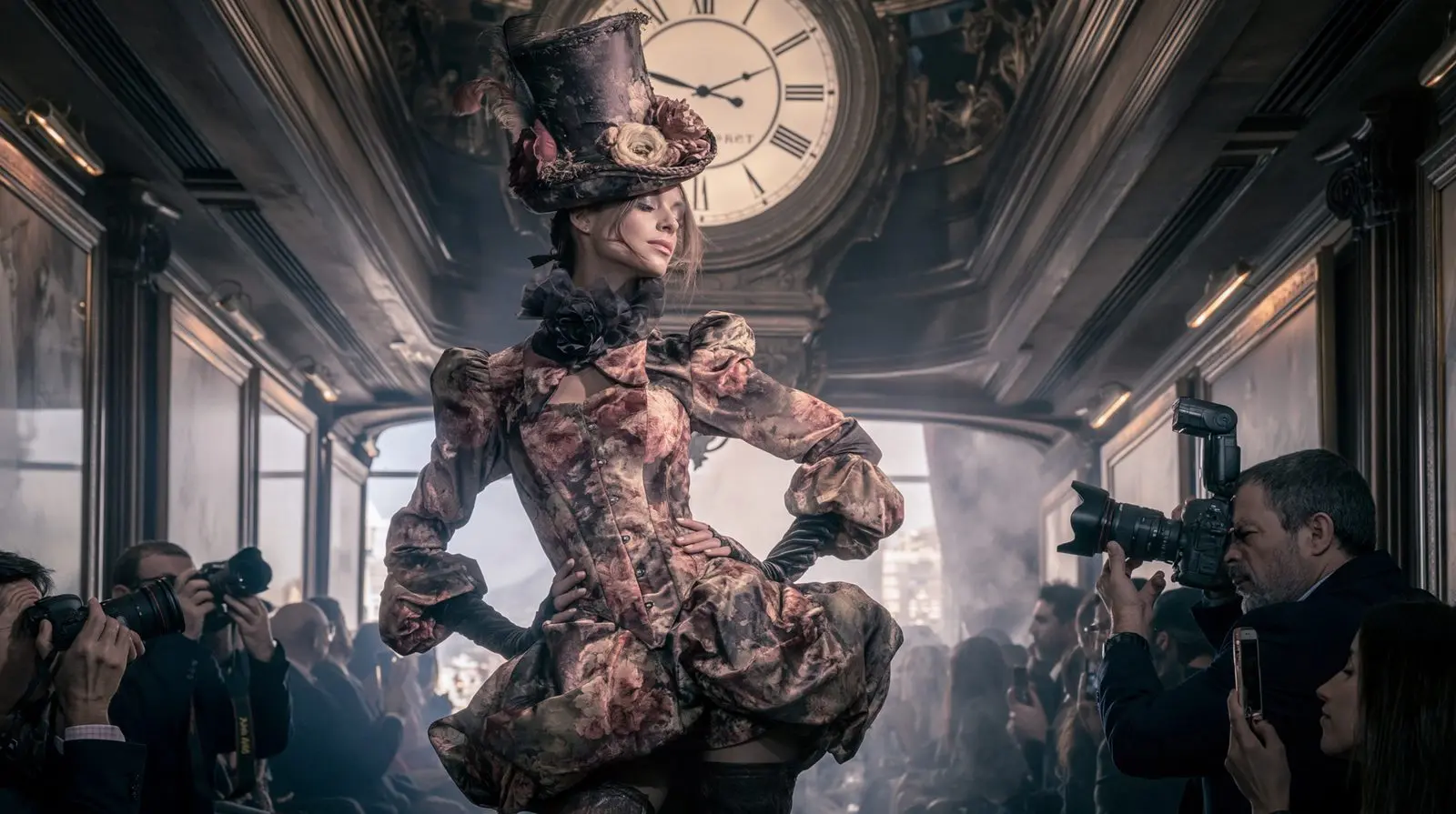 A gilt clock, a floral corset, the press of lenses. Theatre that forgot it was a lobby.