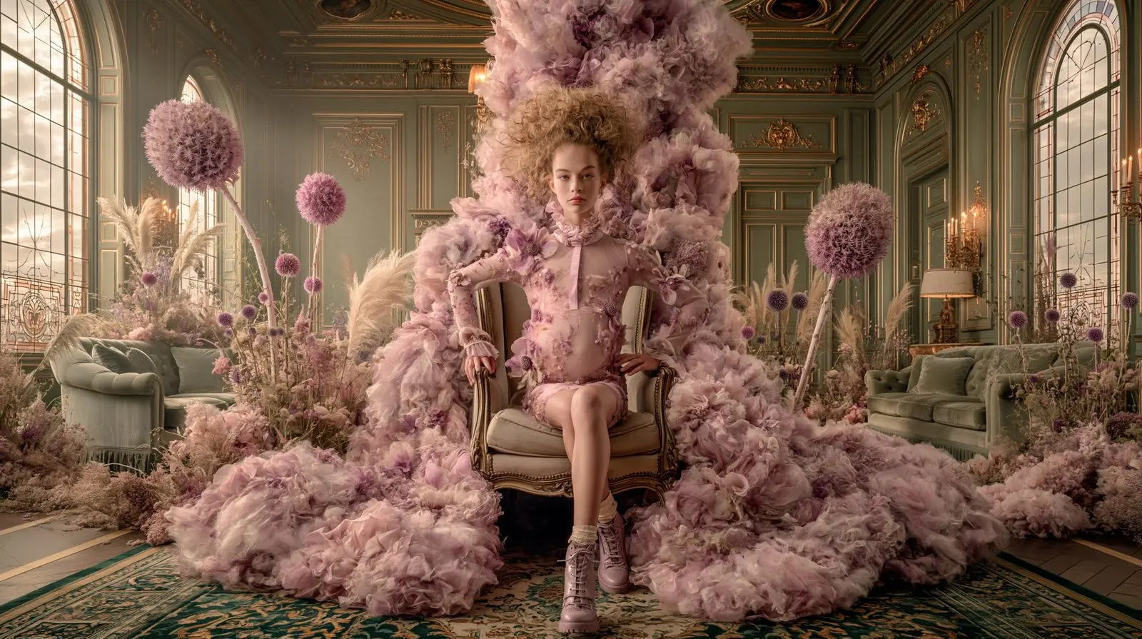 Purple as a climate. She wears the room as much as the dress.